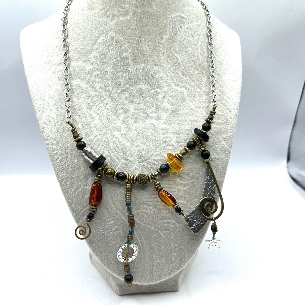 Eclectic Silver and Gold Necklace with Asymmetrical Pendants Unique Artisan